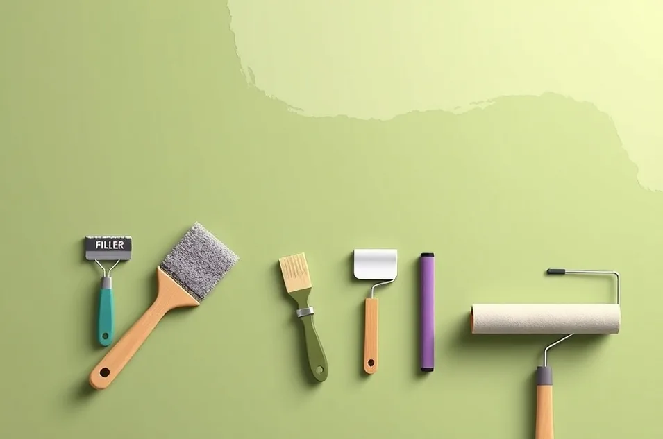 Outils de peinture disposés dans l'ordre des étapes du chantier