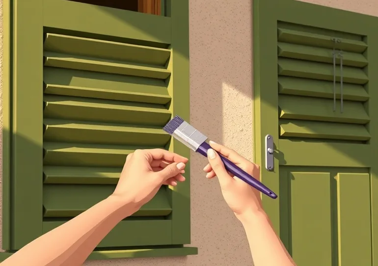Mise en peinture au pinceau de volets et d'encadrements en bois