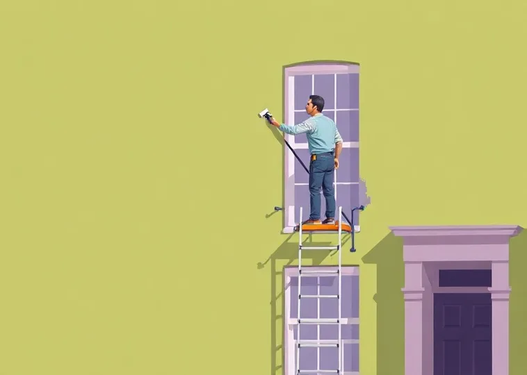 Peintre sur échafaudage traitant la façade d'une maison
