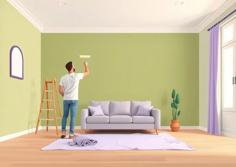 Peintre appliquant la peinture au rouleau sur un mur de salon
